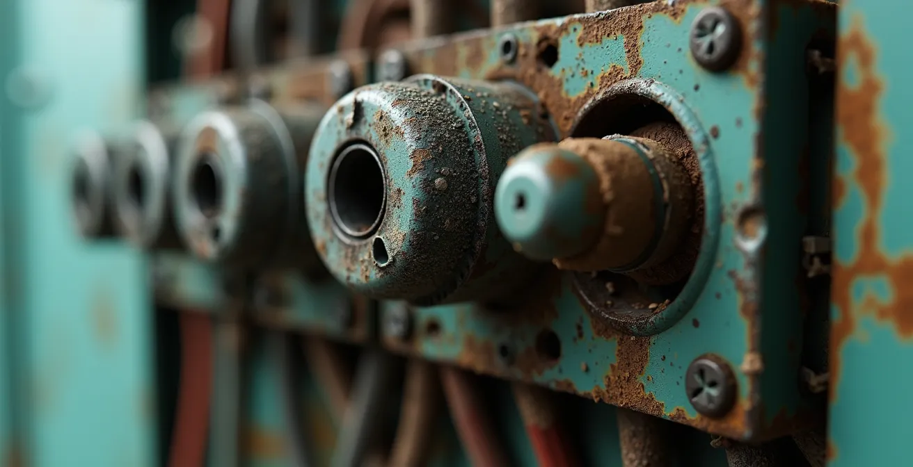 Vue rapprochée du vieillissement d'un tableau électrique encrassé avec prises de terre corrodées et marques de chaleur noire