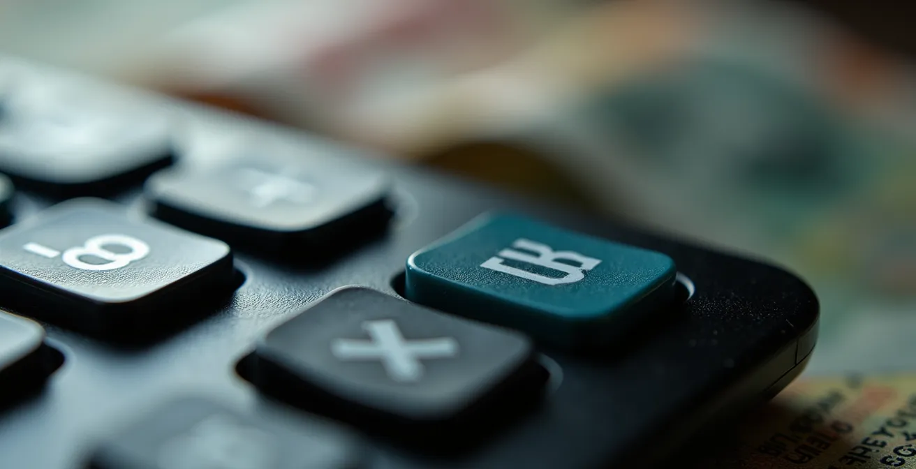 Vue macro d'une calculatrice moderne avec billets et pièces en arrière-plan artistiquement flous