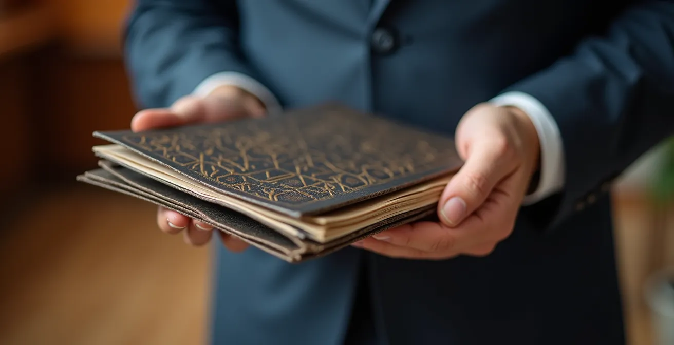 Mains tenant fermement des dossiers juridiques avec tampons officiels visibles en arrière-plan flou