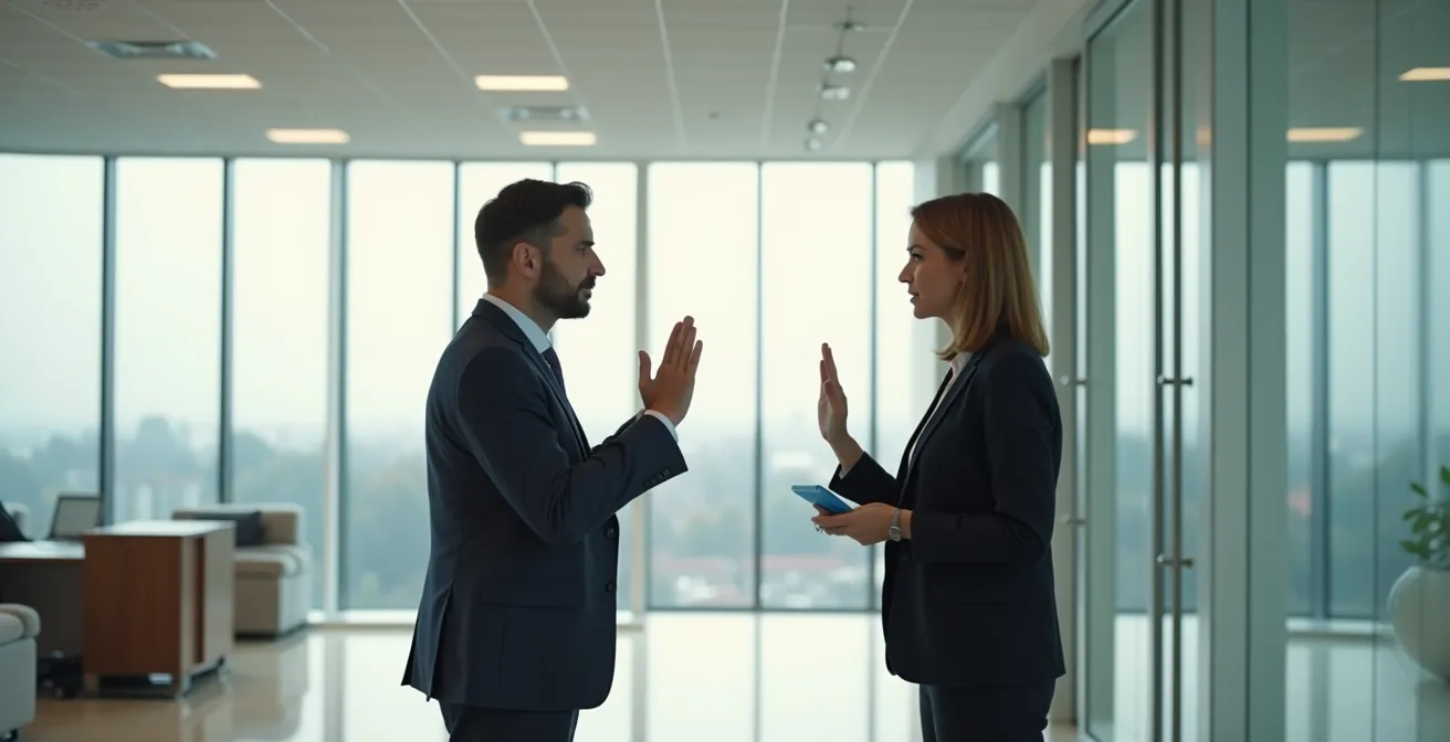 Geste de refus poli lors d'une négociation commerciale dans un bureau moderne