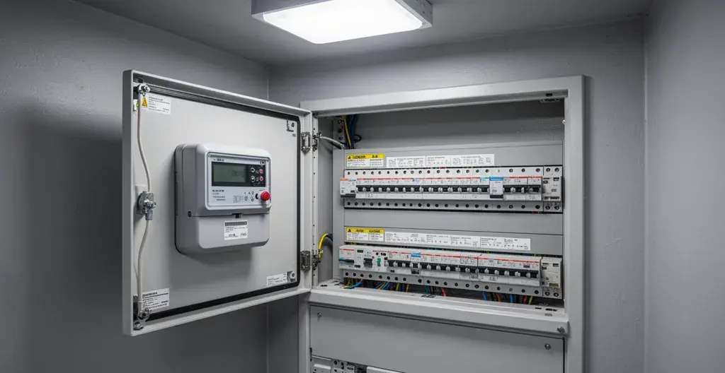 Compteur électrique professionnel et disjoncteurs dans un local technique de copropriété