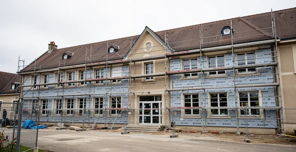 École primaire française avec échafaudage et panneaux isolants sur façade