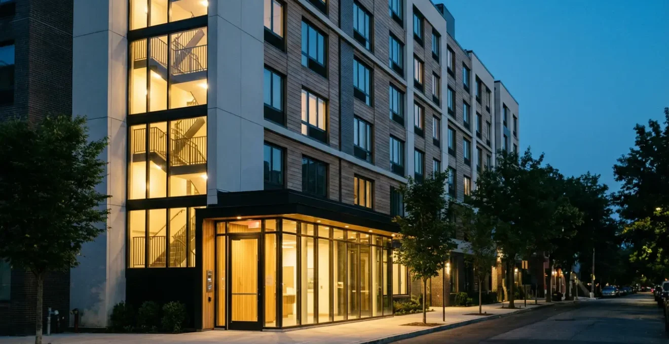 Façade d'immeuble résidentiel moderne avec éclairage des parties communes visible en soirée