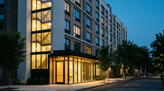 Façade d'immeuble résidentiel moderne avec éclairage des parties communes visible en soirée