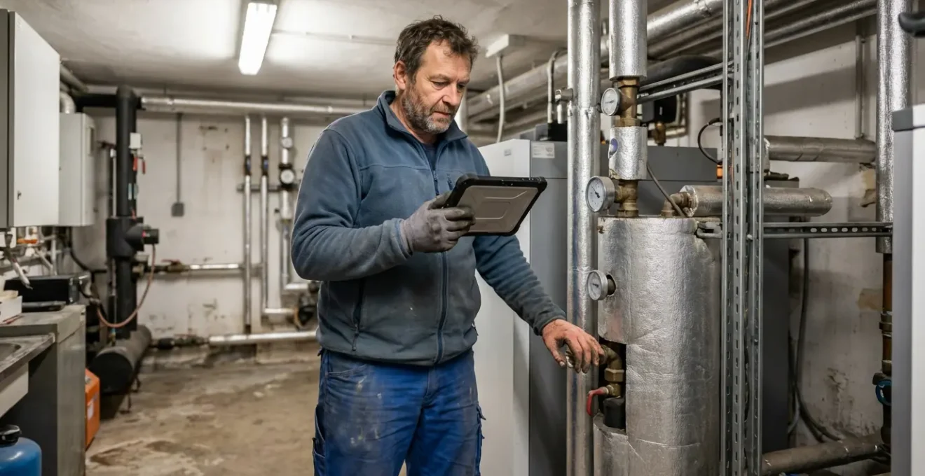Technicien consultant tablette devant pompe à chaleur dans chaufferie de bâtiment public