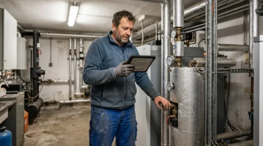 Technicien consultant tablette devant pompe à chaleur dans chaufferie de bâtiment public