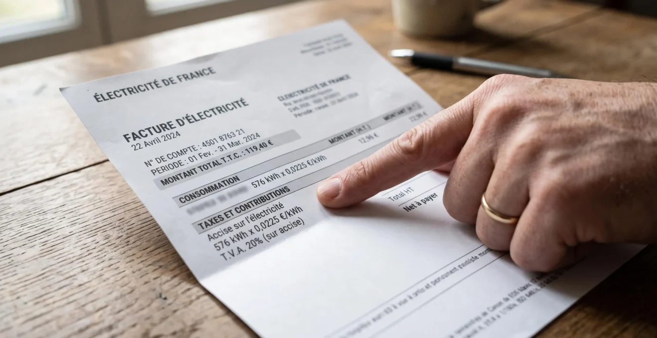 Gros plan sur une facture d'électricité française avec indication des lignes de taxation CSPE et accise