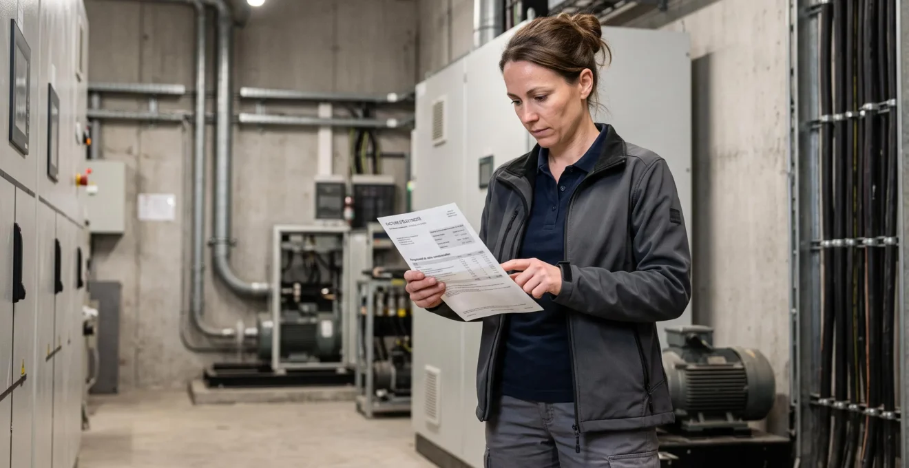 Gestionnaire énergie examinant une facture d'électricité dans un environnement industriel