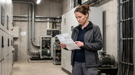 Gestionnaire énergie examinant une facture d'électricité dans un environnement industriel