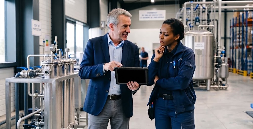Consultant énergétique en discussion avec responsable d'entreprise dans un environnement industriel
