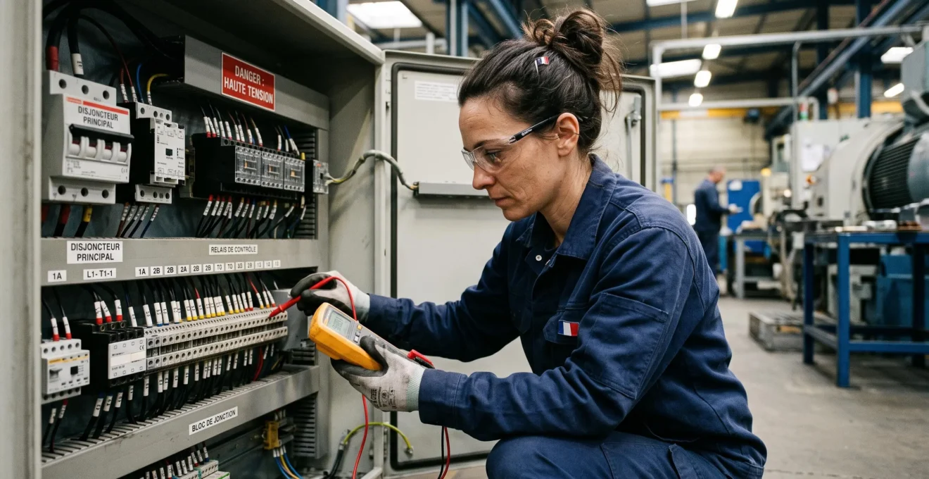 Technicien inspectant un tableau électrique industriel avec appareil de mesure